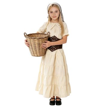Kids medieval maiden costume with cream tiered maxi dress and dark brown corset belt