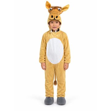 Kids tan camel costume with plush jumpsuit and oversized sculptural head hood