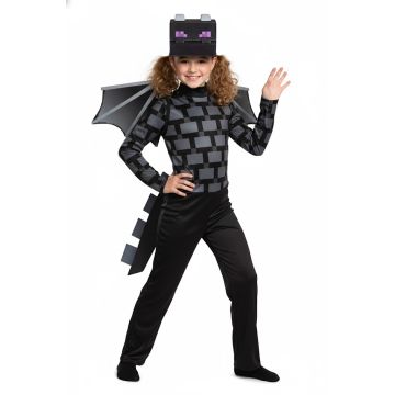 Kids pixel dragon costume with black jumpsuit, grey scales, purple-eyed mask and bat wings