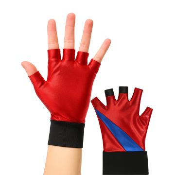 Adult red and blue metallic fingerless glove with diagonal stripe, left hand only