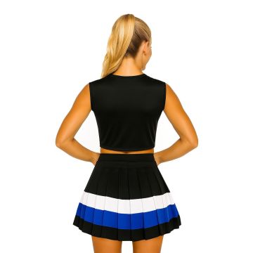 Adult Cheerleader Costume - Black Blue White Crop Top & Pleated Skirt Set
