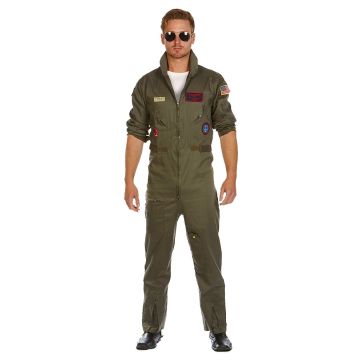 Adult aviator costume - military olive green flight suit with embroidered patches