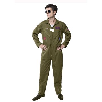 Adult Top Gun fighter pilot costume - sage green flight jumpsuit with embroidered patches and aviator sunglasses