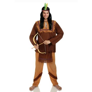 Adult prairie warrior costume with fringed tan tunic and brown pants