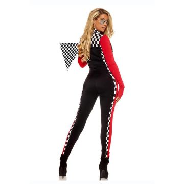 Womens Racing Outfit Jumpsuit - Black Red Checkered Flag Driver Costume