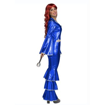 Women's Blue Disco Jumpsuit Costume - 70s Bell Sleeve ABBA Lace-Up Outfit