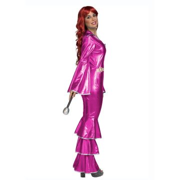 Women's 70s Disco Diva Costume - Pink Lace-Up Jumpsuit with Flared Sleeves