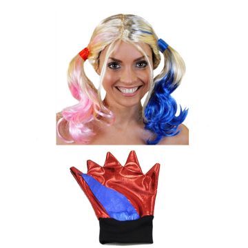 Harlequin Style Wig and Gloves Set - Ladies Costume Accessories