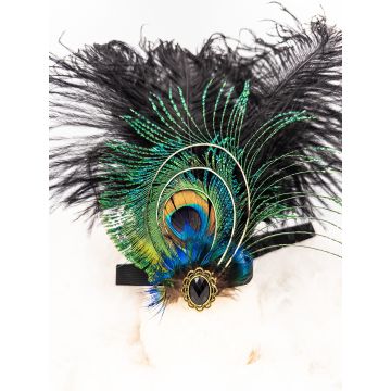 Adult 1920s Peacock Feather Flapper Headband with Gem Brooch