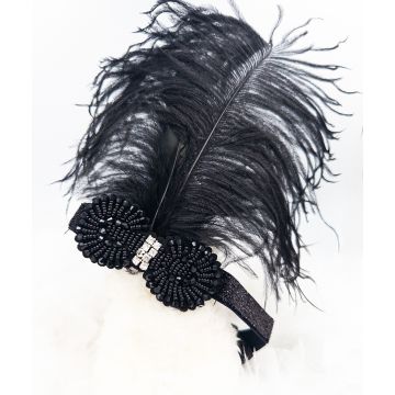 Adult 1920s Flapper Headband with Black Feather and Beaded Bow