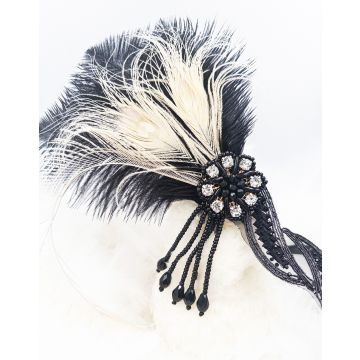 Adult 1920s Flapper Headband - Black & Ivory Feather Gatsby Headpiece with Rhinestones