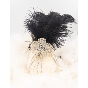 Adult 1920s Flapper Headband with Black Feather and Crystal Chains