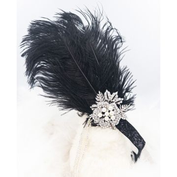 Adult 1920s Flapper Headband - Black Feather Gatsby Fascinator with Rhinestones