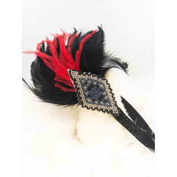 Adult 1920s Flapper Headband with Feathers and Beaded Art Deco Panel