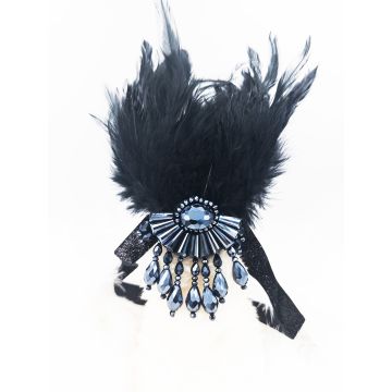 Adult 1920s Black Feather Flapper Headband with Navy Crystal Art Deco Brooch