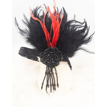 Adult Red & Black Feather Headband - 1920s Flapper Beaded Gatsby Accessory