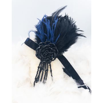 Adult 1920s Flapper Headband - Black & Navy Feather Gatsby Accessory