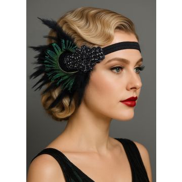 1920s Flapper Headband – Peacock Feather & Black Beaded Floral Accent