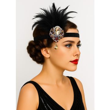  1920s Flapper Hair Accessory – Amber Crystal Black Feather Headband