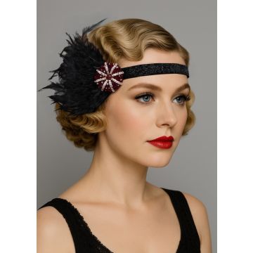 1920s Flapper Hair Accessory – Red Crystal & Feather Gatsby Headband