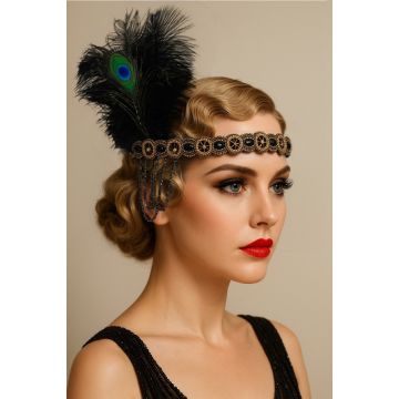 Gatsby 1920s Headband with Peacock Feather and Gold Beads