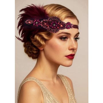Wine Red 1920s Flapper Headband with Sequins and Feathers – Great Gatsby Accessory