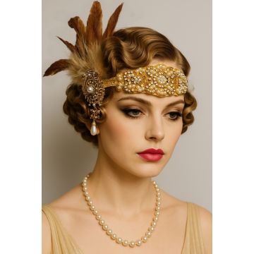 1920s Gatsby Headband – Gold Feather & Pearl Vintage Styling Accessory