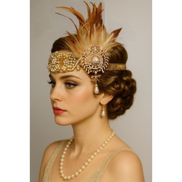 Womens 1920s Gold Feather Headpiece - Gatsby Flapper Headband with Pearl Detail
