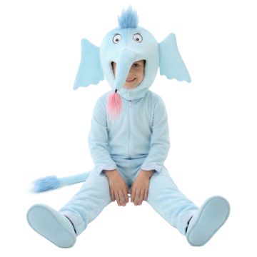 Kids blue elephant costume with oversized hood, long trunk and floppy ears