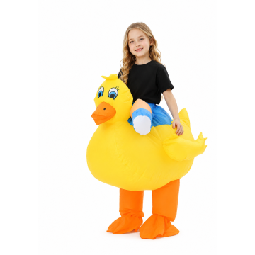 Kids inflatable ride-on yellow duck costume with orange beak and webbed feet
