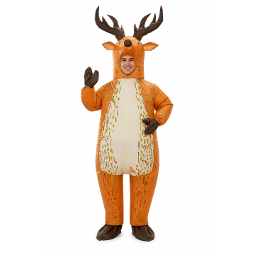 Adult inflatable deer costume with branching antlers and spotted belly
