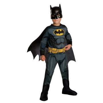 Kids Batman costume with printed muscle jumpsuit, cape and mask - front view