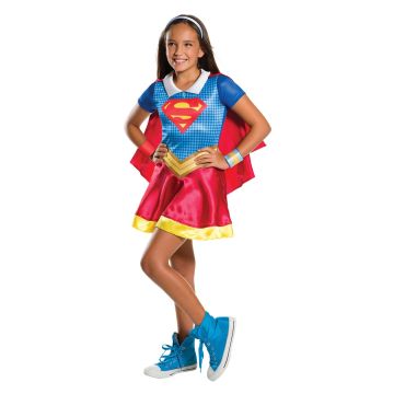 Girls Supergirl costume dress with printed bodice, blue satin skirt and red cape