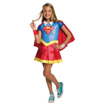 Girls deluxe Supergirl costume dress with red pleated skirt and blue digital print bodice