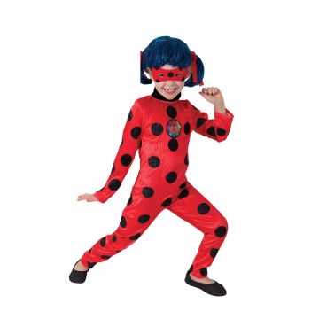 Girls Miraculous Ladybug costume full set with red polka dot jumpsuit, mask and blue wig