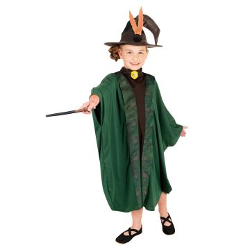 Kids Harry Potter Professor McGonagall costume with olive green robe and crooked witch hat