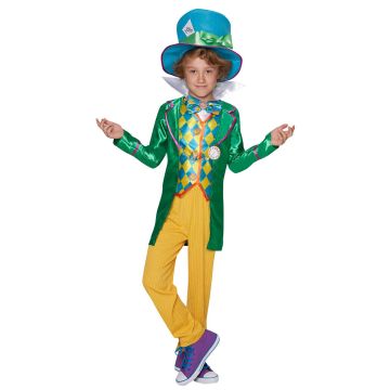 Kids Mad Hatter costume with emerald green jacket, pinstripe trousers and tall turquoise felt top hat