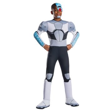 Kids Cyborg deluxe costume with metallic jumpsuit and foam muscle padding