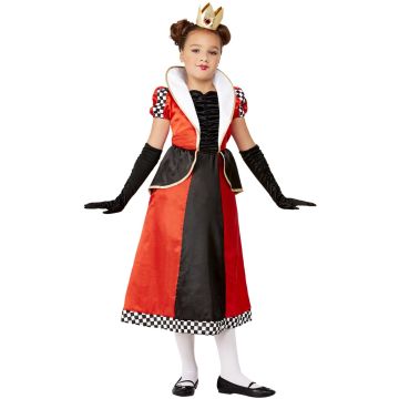 Kids Queen of Hearts costume dress with high white collar and crown headband