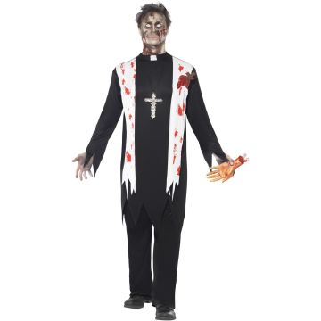 Adult zombie priest costume with blood-splattered white stole and clerical collar
