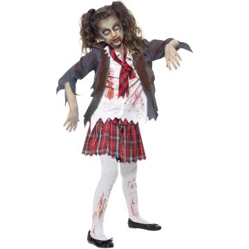Girls zombie schoolgirl costume with distressed grey jacket and blood-splattered tights
