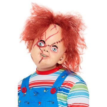 Adult Chucky latex mask with orange hair and painted scars from Child's Play