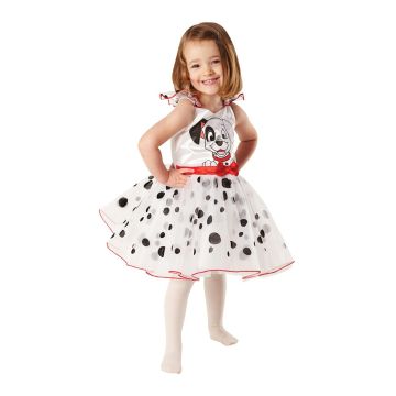 Girls 101 Dalmatians costume dress with black-and-white spotted tulle skirt and red satin bow