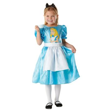 Girls Alice in Wonderland Disney costume dress in bright blue satin with character print and puff sleeves