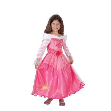 Girls Aurora Sleeping Beauty princess costume - hot pink satin ball gown with tulle overlay and gold embroidery