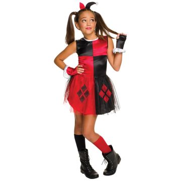 Girls Harley Quinn jester costume with red-black checker bodice and tutu skirt