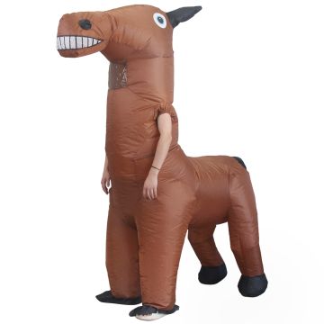 Adult inflatable brown horse costume with grinning cartoon head and black mane