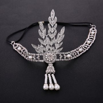 Adult 1920s Flapper Headband Silver - Art Deco Gatsby Headpiece with Pearl Tassel