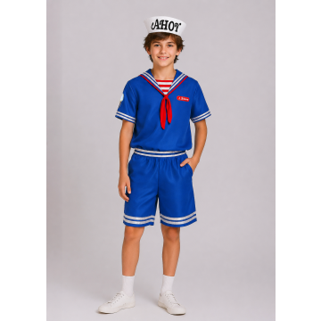 Boys retro ice cream parlor sailor costume with royal blue top, matching shorts and white paper hat