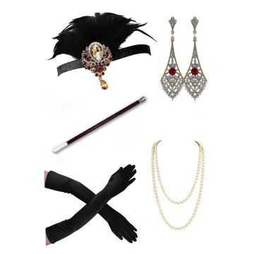 Adult 1920s Flapper Accessory Set - Gatsby Headband Gloves Pearls - alternate view